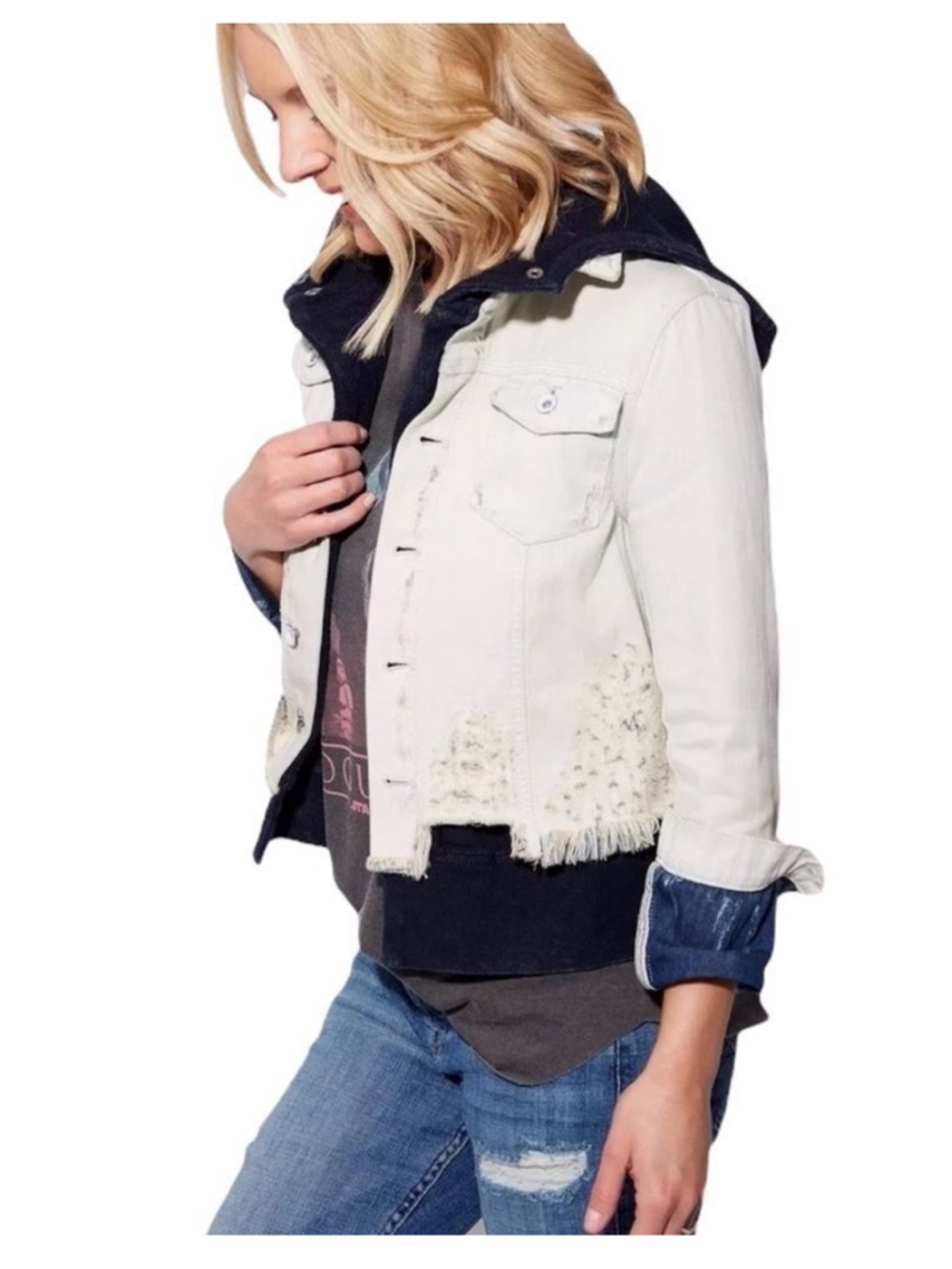 Free People Double Weave Denim Jacket Hoodie Distressed Layered Hooded Medium